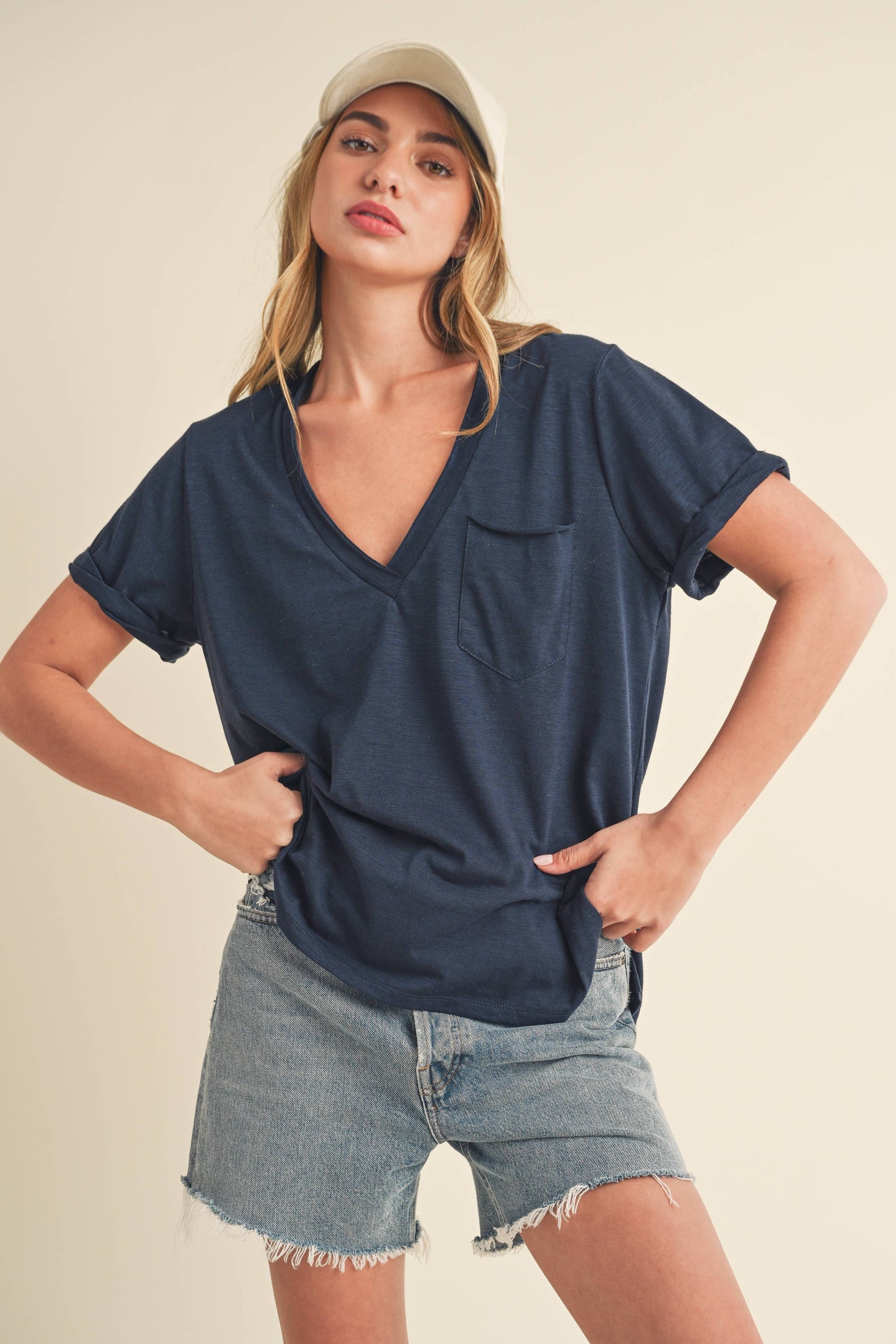 Navy Zoie V-Neck Short Sleeve Top