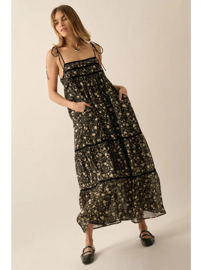 Floral Straight-Neck Gathered-Bodice Maxi Dress