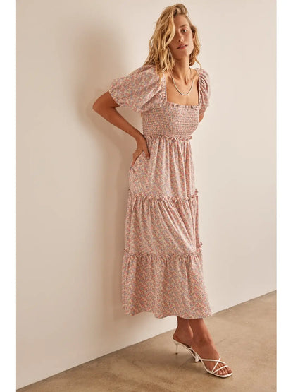 Floral Print Puff Sleeve Smocked Tiered Maxi Dress