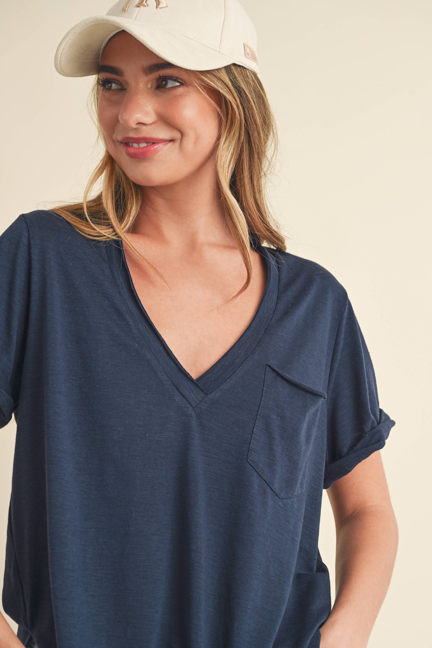 Navy Zoie V-Neck Short Sleeve Top