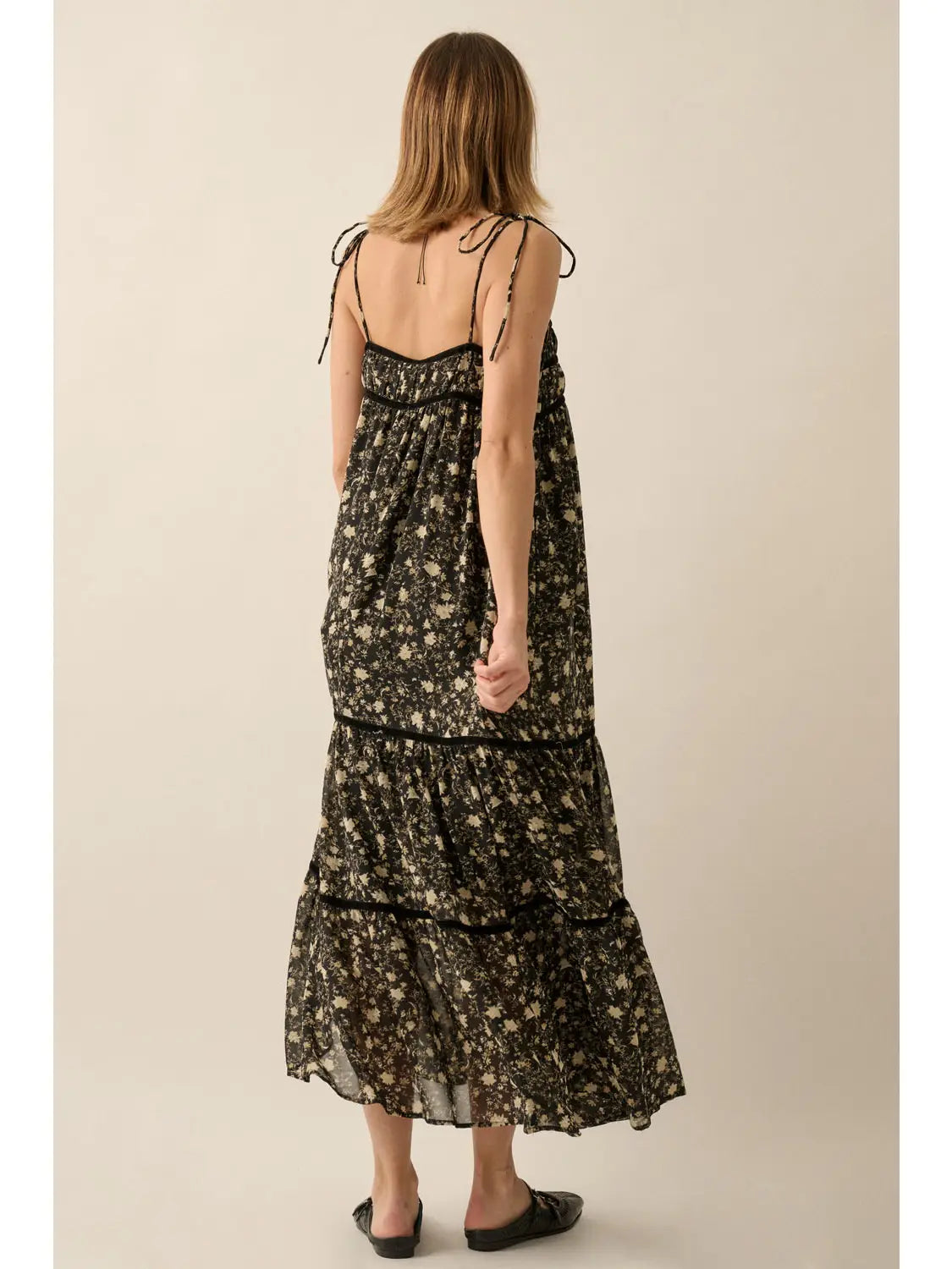 Floral Straight-Neck Gathered-Bodice Maxi Dress